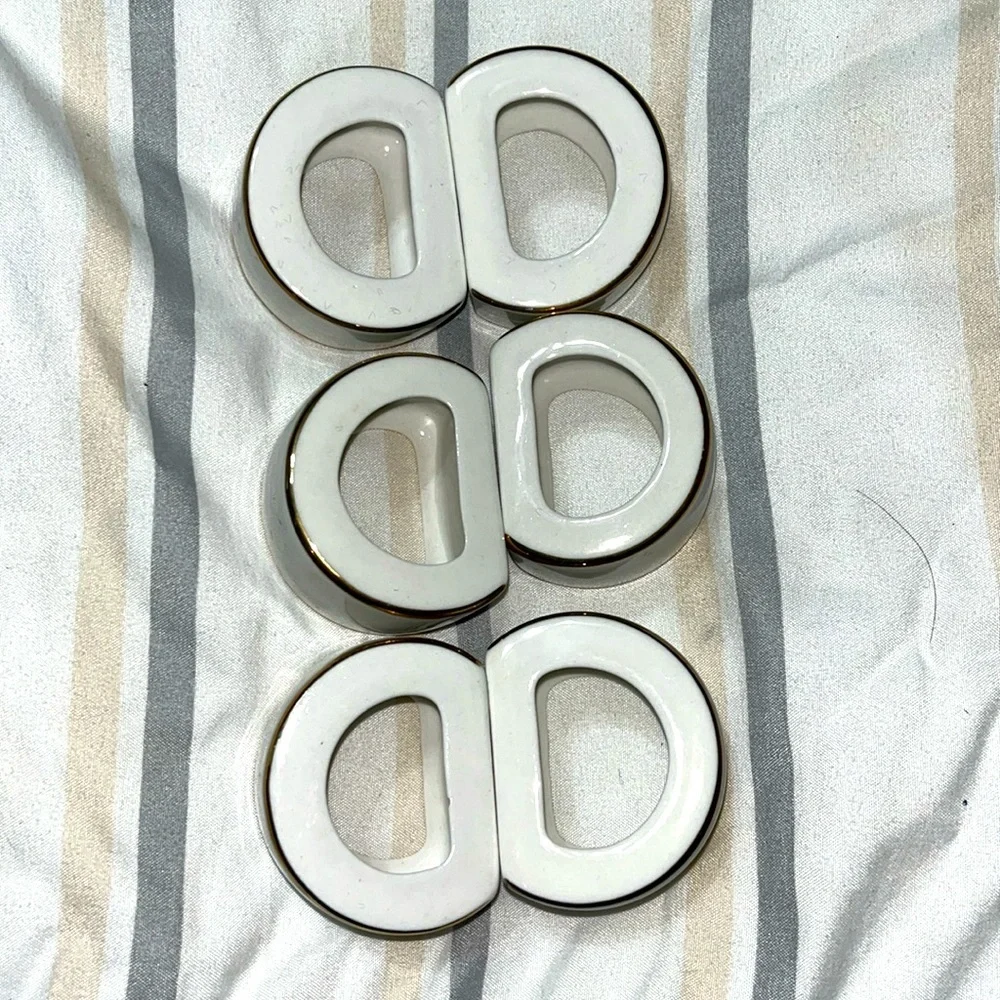 Ceramic Vintage Napkin Ring Holders White With Gold Trim Hostess Party Set of 6